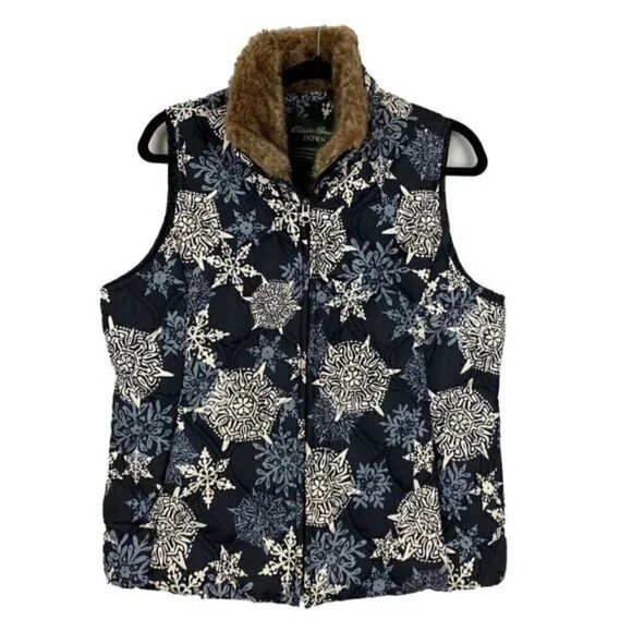 Eddie Bauer Goose Down Quilted Navy Snowflake Vest Faux Fur Collar Size S - Picture 1 of 5